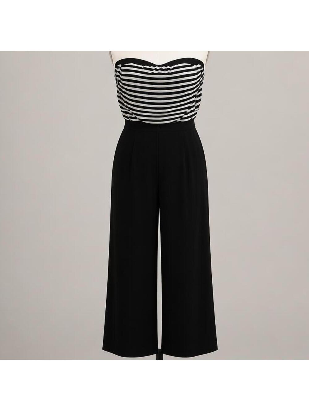 White House Black Market Strapless Jumpsuit with Striped Top and Black Pants, M